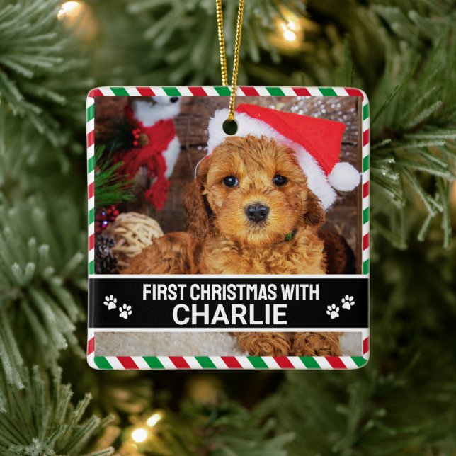Personalized First Christmas Dog Photo Ceramic Ornament (Tree)