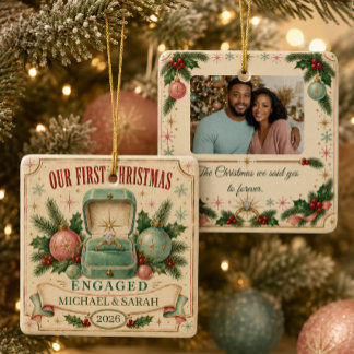 Personalized First Christmas Engaged 2026 Photo  Ceramic Ornament