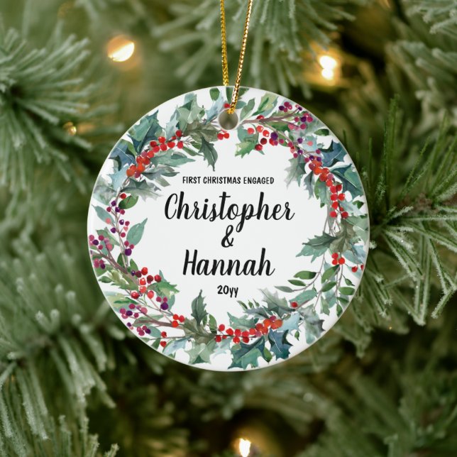 Personalized First Christmas Engaged Couples Gift Ceramic Ornament (Tree)