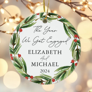 Personalized First Christmas Engaged Festive Ceramic Ornament