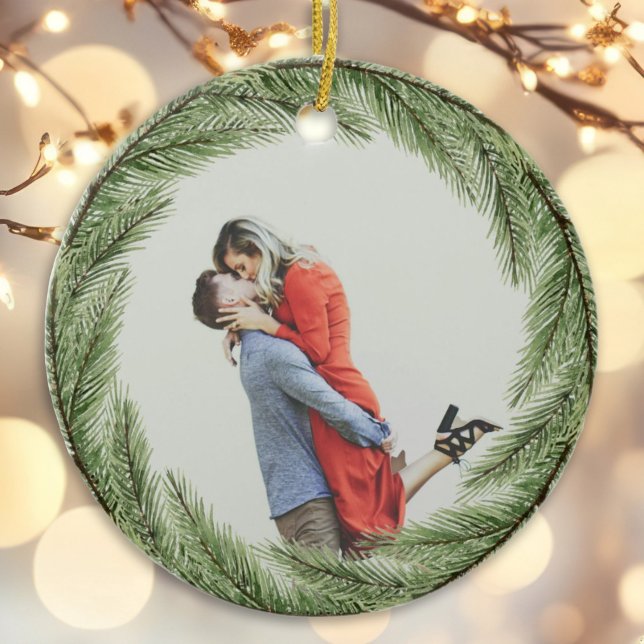 Personalized First Christmas Engaged Festive Ceramic Ornament (Creator Uploaded)