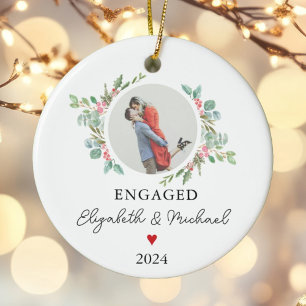 Personalized First Christmas Engaged Festive Photo Ceramic Ornament