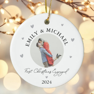 Personalized First Christmas Engaged Festive Photo Ceramic Ornament