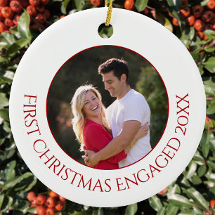 Personalized First Christmas Engaged Photo Ceramic Ornament