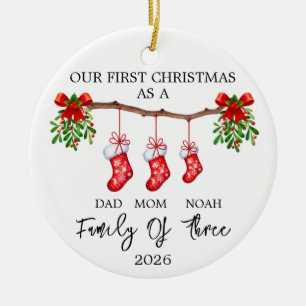 Personalized First Christmas Family of Three Ceramic Ornament