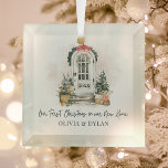 Personalized First Christmas in Our New Home Glass Ornament<br><div class="desc">Celebrate New Beginnings with this Personalized "Our First Christmas in Our New Home" Ornament with a decorative watercolor front door graphic all decked out for the holidays. The door can be personalized with the year or the house address number. It is customizable with the couple's name in a dark green...</div>