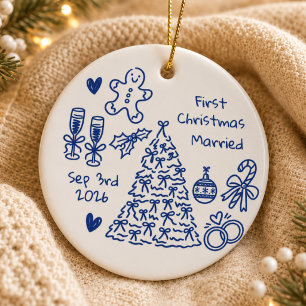 Personalized First Christmas Married Doodle Ceramic Ornament