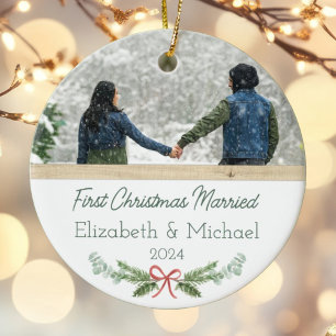 Personalized First Christmas Married Festive Photo Ceramic Ornament