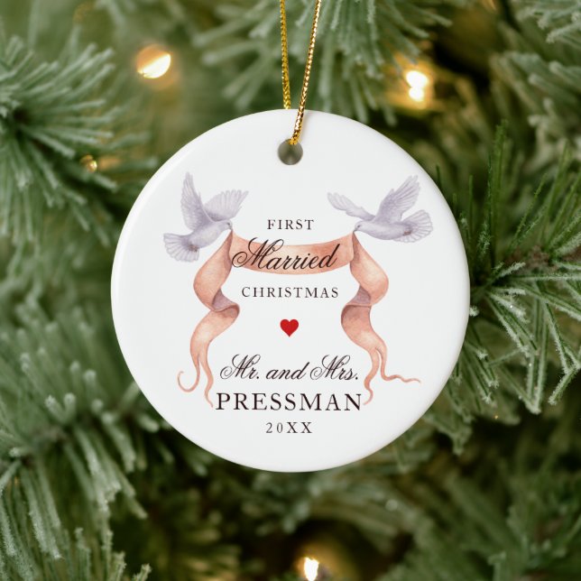 Personalized First Christmas Married Pair of Doves Ceramic Ornament (Tree)