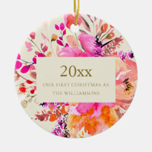 Personalized First Christmas Married Pink Floral Ceramic Ornament