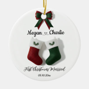 Personalized First Christmas Married Stockings Ceramic Ornament