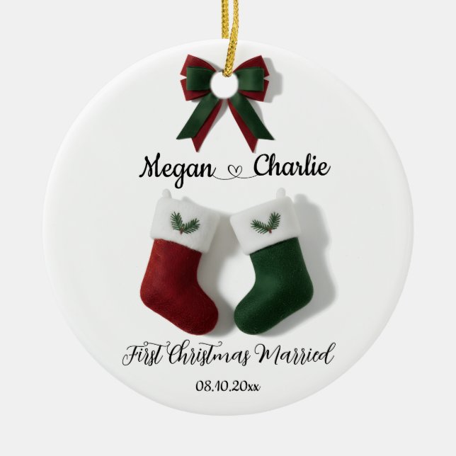 Personalized First Christmas Married Stockings Ceramic Ornament (Front)