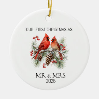 Personalized First Christmas Mr Mrs Cardinal Ornam Ceramic Ornament