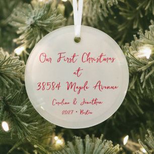 Personalized First Christmas New Home Address Red Glass Ornament