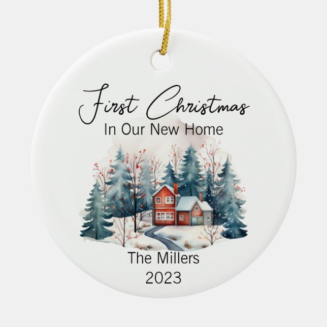 Personalized  First Christmas New Home Watercolor  Ceramic Ornament (Front)