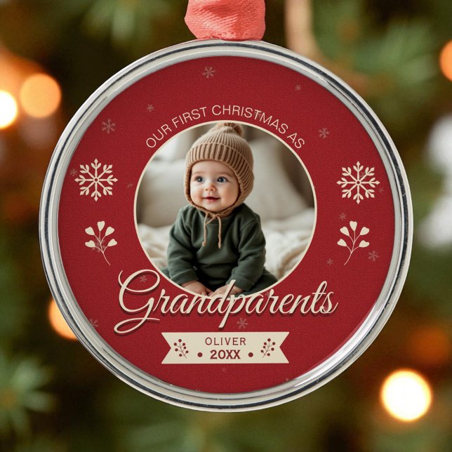 Personalized First Christmas Photo Grandparents  Metal Ornament (Creator Uploaded)