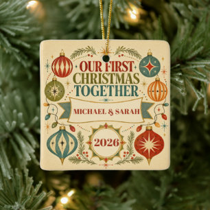 Personalized First Christmas Together 2026 Retro Ceramic Ornament