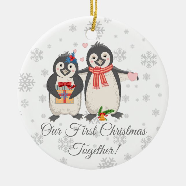 Personalized First Christmas Together Penguins Ceramic Ornament (Front)