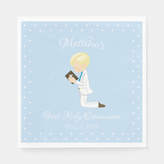 Personalized First Communion Blonde Boy Napkin (Front)