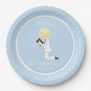 Personalized First Communion Blonde Boy Paper Plate