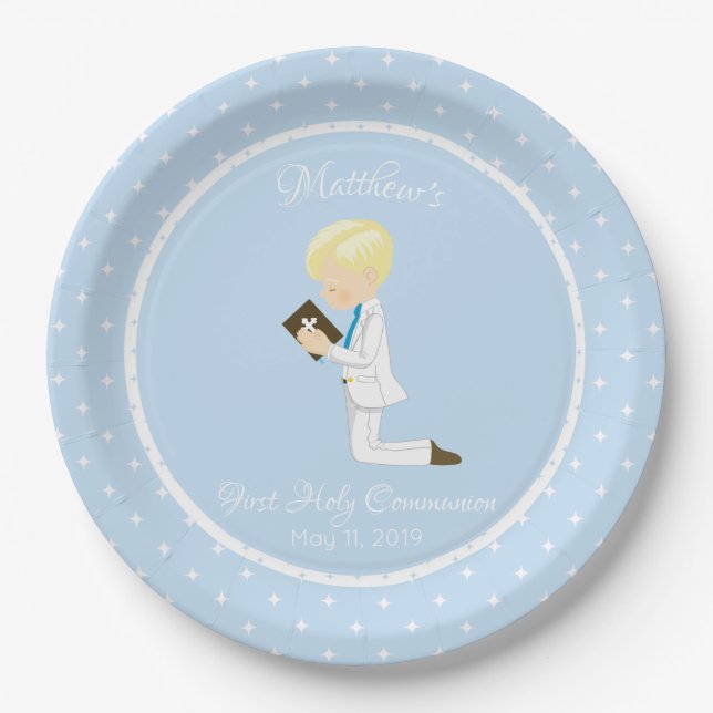 Personalized First Communion Blonde Boy Paper Plate (Front)