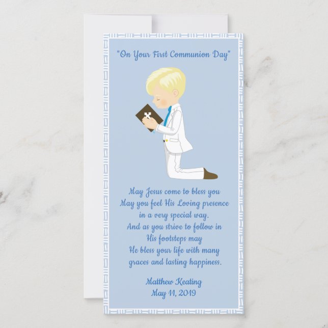Personalized First Communion Bookmark Boy Thank You Card (Front)
