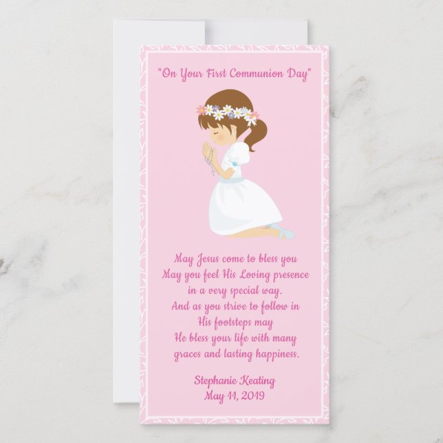Personalized First Communion Bookmark girl. Thank You Card (Front)