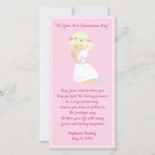 Personalized First Communion Bookmark girl. Thank You Card