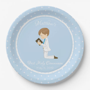 Personalized First Communion Brunette Boy Paper Plate