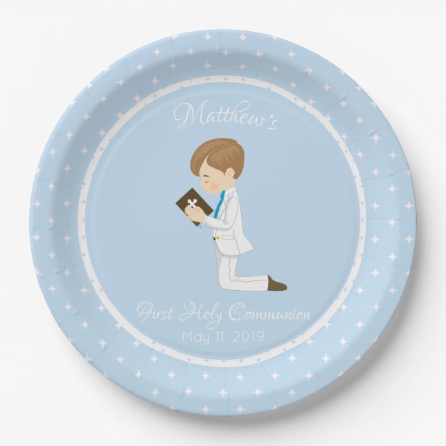 Personalized First Communion Brunette Boy Paper Plate (Front)