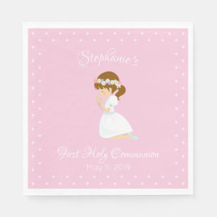 Personalized First Communion Brunette Girl Napkin