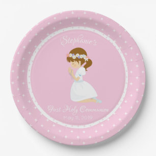 Personalized First Communion Brunette Girl Paper Plate