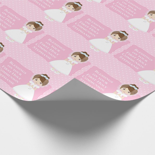 Personalized First Communion Brunette Girl Wrapping Paper (Corner)