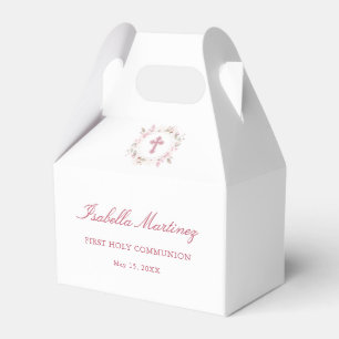 Personalized First Communion Pink Floral Cross Favor Box