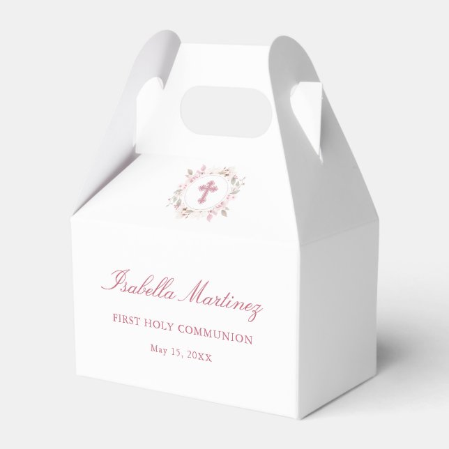 Personalized First Communion Pink Floral Cross Favor Box (Front Side)