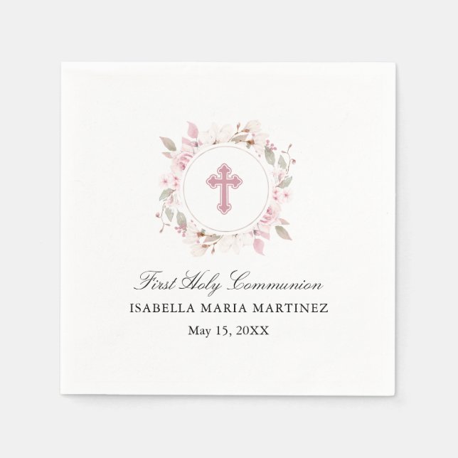 Personalized First Communion Pink Rose Floral Napkin (Front)