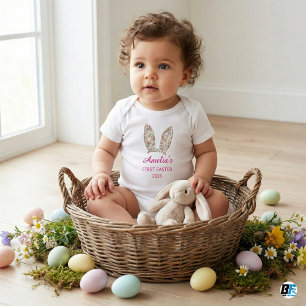 Personalized First Easter 2026 Floral Bunny Ears Baby Bodysuit