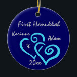 Personalized First Hanukkah Ornament<br><div class="desc">Entwined blue hearts on a deep blue background with personalized names & date.  Change Background colour by selecting customize,  edit and background.</div>