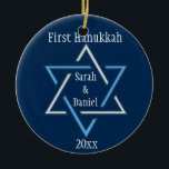 Personalized First Hanukkah Ornament<br><div class="desc">A blue and gold Star of David on a deep teal background with customizable names & date.  Background colour,  font and colour of text can be changed.</div>