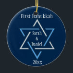 Personalized First Hanukkah Ornament<br><div class="desc">A blue and gold Star of David on a deep teal background with customizable names & date. Background colour, font and colour of text can be changed.</div>