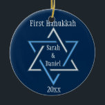 Personalized First Hanukkah Ornament<br><div class="desc">A blue and gold Star of David on a deep teal background with customizable names & date.  Background colour,  font and colour of text can be changed.</div>