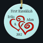 Personalized First Hanukkah Ornament<br><div class="desc">Entwined red hearts on a  blue background and personalized names & date.  Change Background colour by selecting custimze,  edit and background.</div>