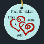 Personalized First Hanukkah Ornament<br><div class="desc">Entwined red hearts on a  blue background and personalized names & date.  Change Background colour by selecting custimze,  edit and background.</div>