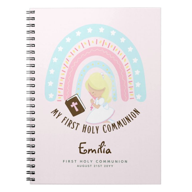 Personalized First Holy Communion Blonde Hair Girl Notebook (Front)