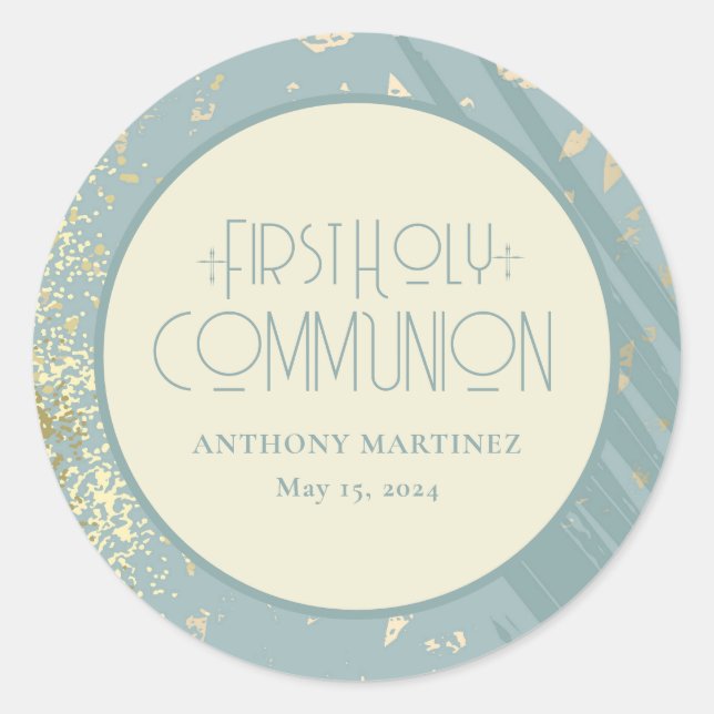 Personalized First Holy Communion Blue Gold Cross Classic Round Sticker (Front)