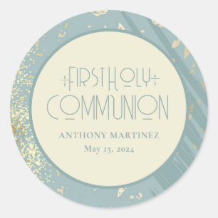 Personalized First Holy Communion Blue Gold Cross Classic Round Sticker
