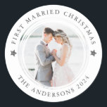 Personalized First Married Christmas Photo Classic Round Sticker<br><div class="desc">Photo holiday stickers</div>