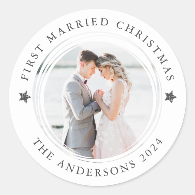 Personalized First Married Christmas Photo Classic Round Sticker (Front)