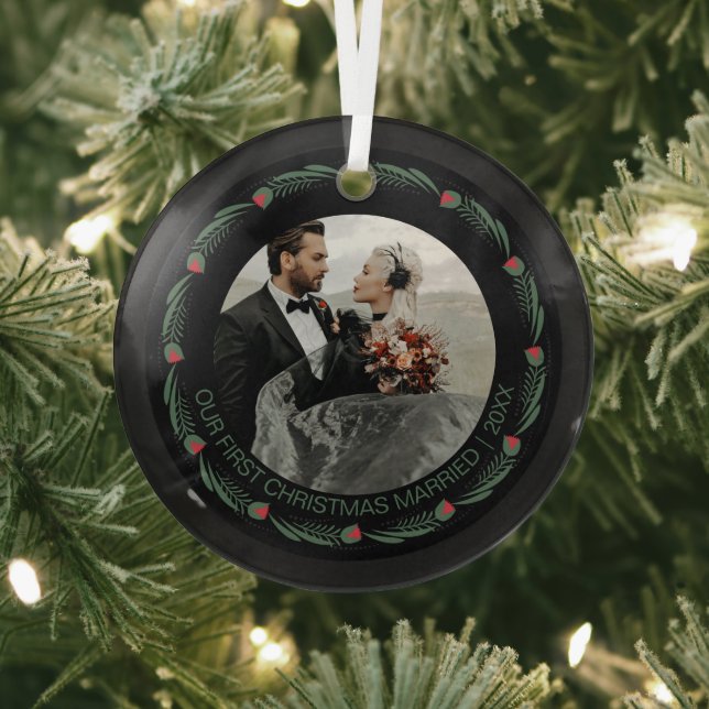 Personalized First Married Christmas Photo  Glass Ornament (Insitu)