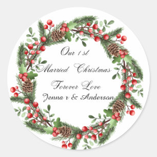 Personalized First Married Christmas stickerks Classic Round Sticker